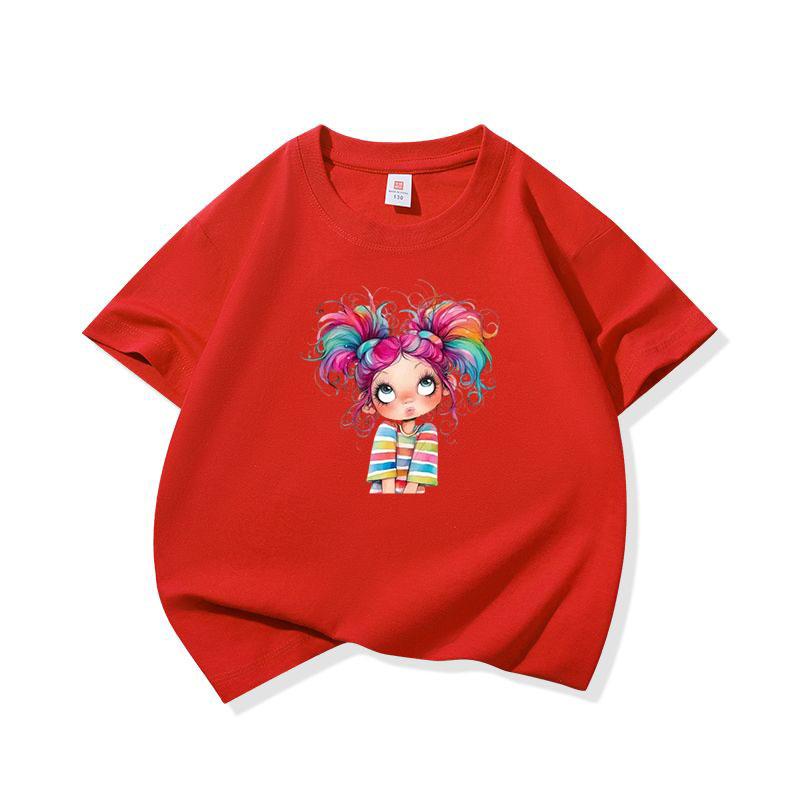 Kids Cotton T Shirt Colorful Rainbow Hair Girl Print Crew Neck Short Sleeve Tee Casual Boys Girls Summer Tops