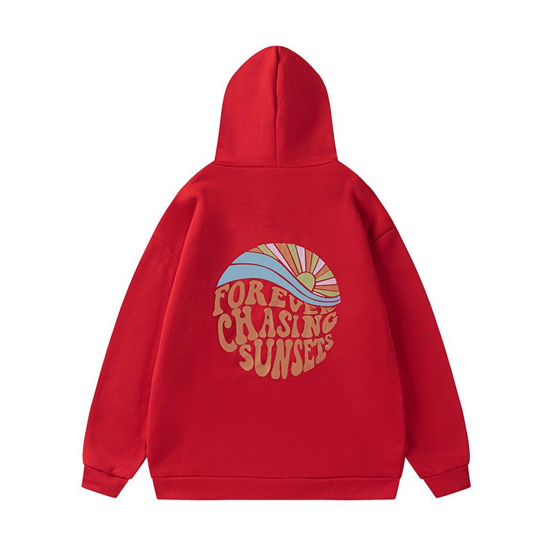 2024 Women's Fleece-Lined Sunset Print Hoodie with Kangaroo Pocket & Drawstring