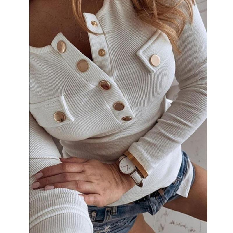 Autumn New Women Casual Button Down T-shirt Long Sleeve Slim Solid Color Plus Size Top