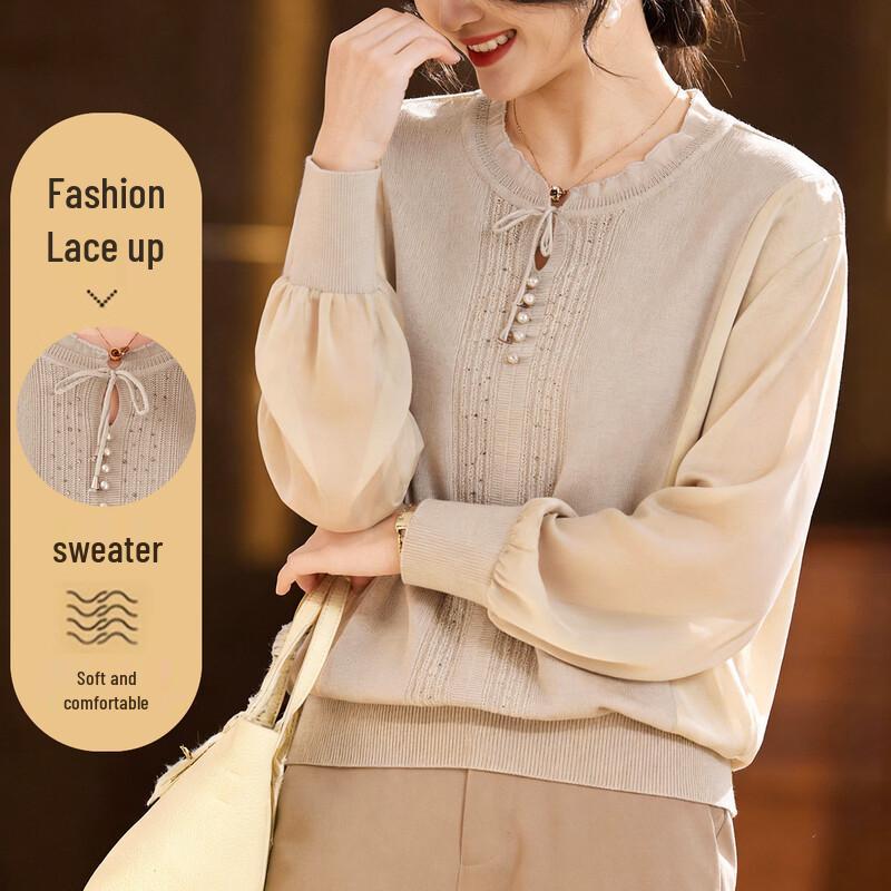 Women s Elegant Gauze Sleeve Knit T-shirt L