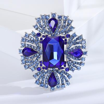 Vintage Female Blue White Crystal Flower Brooch Silver Gold Color Vintage Brooch For Women Cute Cross Pin Dress Coat Accessory