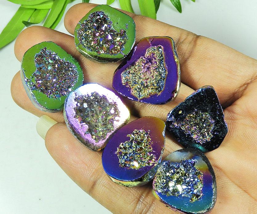 24-26 MM Rainbow Titanium Aura Agate Druzy Fancy Loose Gemstone 07 Pcs Lot SY-102