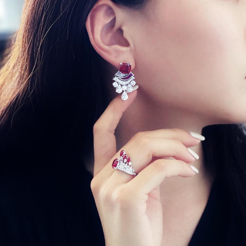 Kajia Vintage Ruby Crown Ring & Pigeon Blood Red Dress Stud Earrings Set for Women