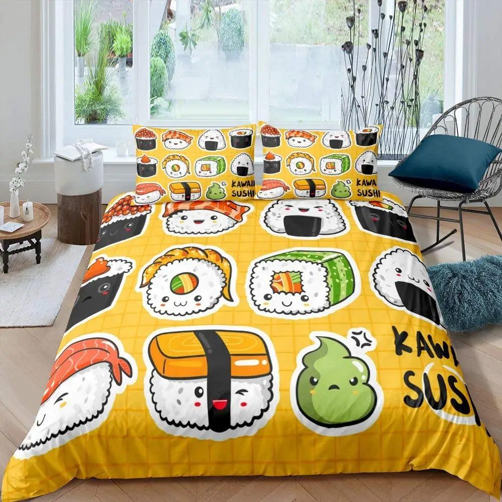 Japanese Sushi Duvet Cover King Size Microfiber Cute Cartoon Food Theme Bedding Set Quilt Cover