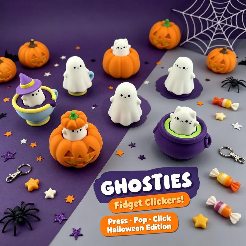 3D Printed Spooky Cute Cupcake Clicker Fidget Halloween Keychain Fingertip Press Decompression Toy For Halloween Party Gifts