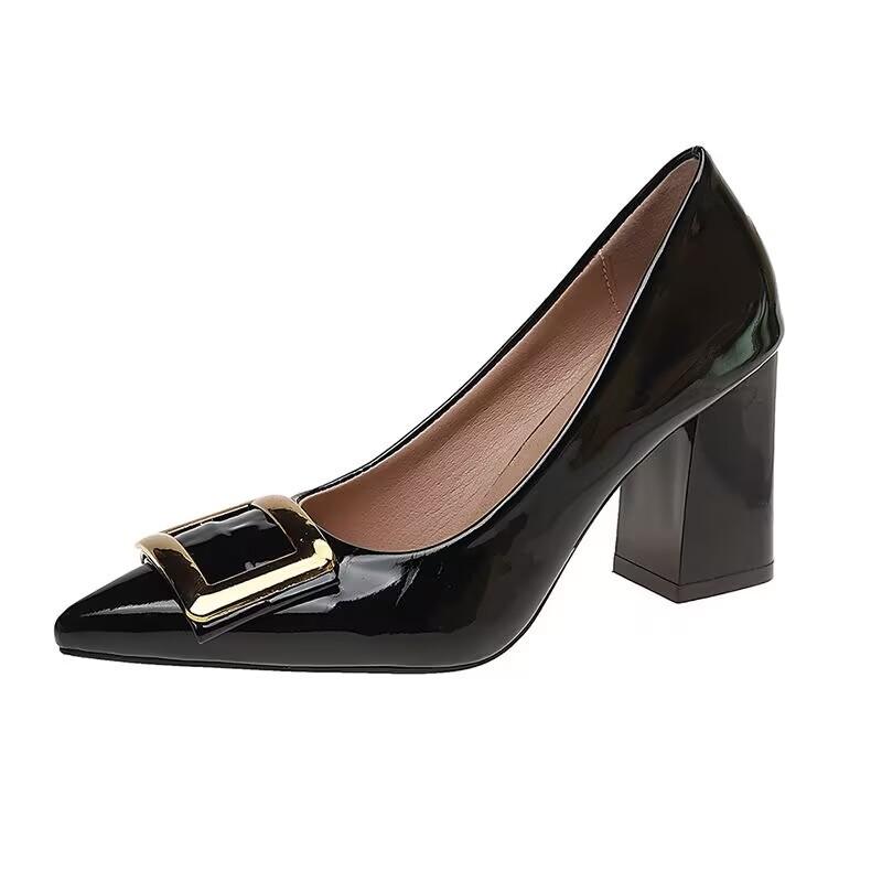 Internet celebrities with the same large size patent leather square buckle single shoes thick heel middle heel pointed head shallow mouth women's shoe