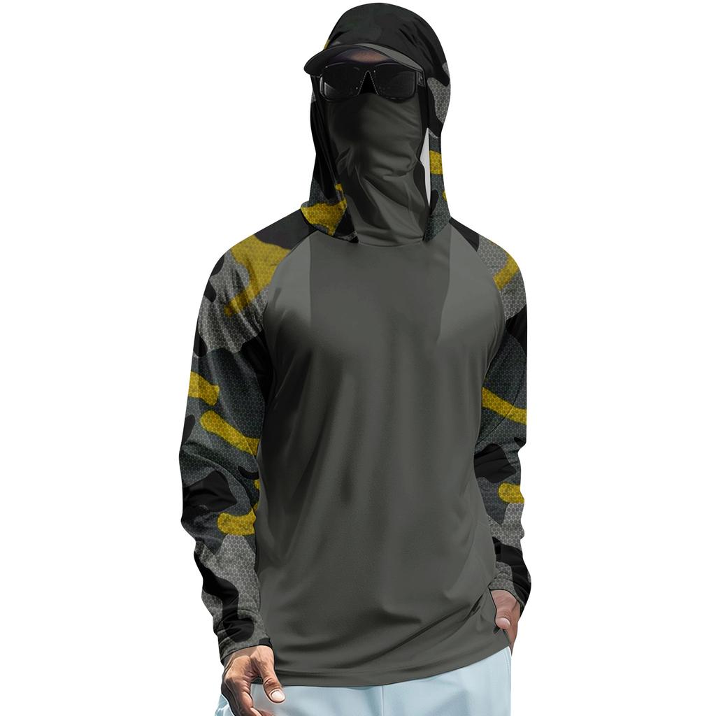 Men’s Long Sleeve Hooded Quick Dry T Shirt Lightweight Printed Sun Protection Top for Outdoor Sports Fishing Fitness