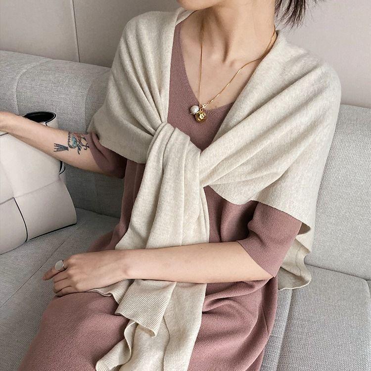 Summer Thin Cool Long Dress V-Neck Loose Slimming Straight Short Sleeve Knit Dress