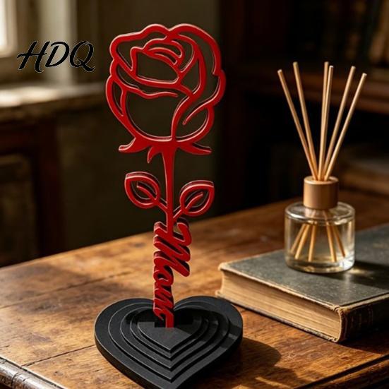 Romantic Rose Decoration And Heart Sculpture 3D Printed Red Ornament Mom Stem Detachable Flower Statue Mother's Day Birthday Gift for from Daughter