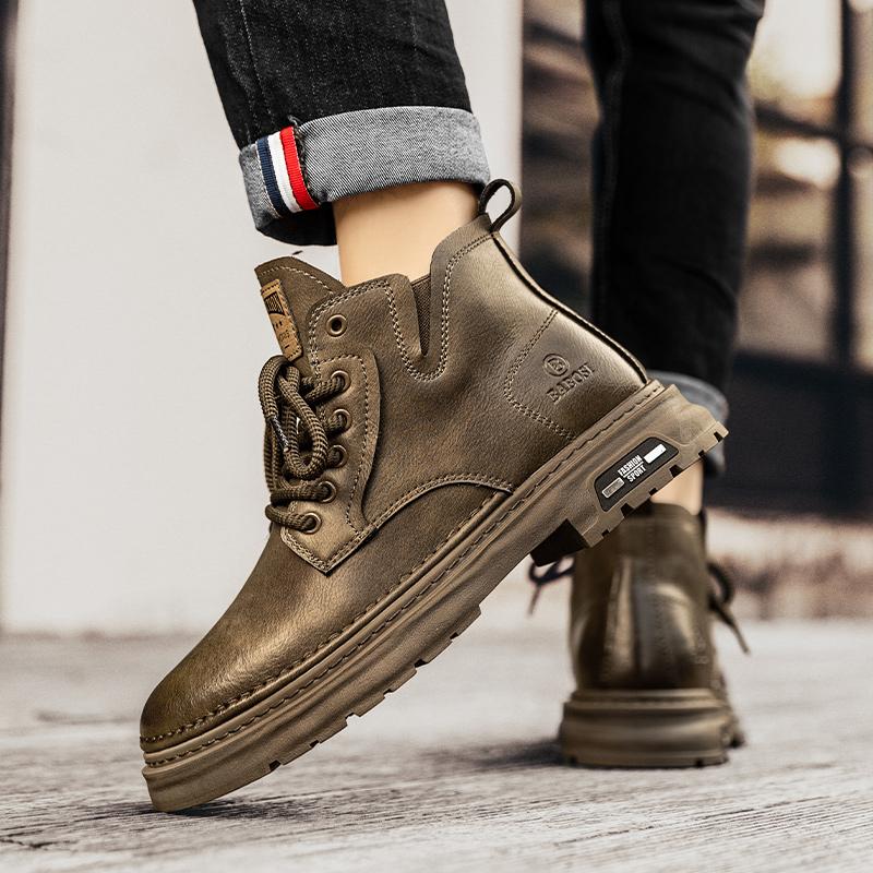 Fashion Men's Fashion Trends Brown Leather Boots Outdoor Walking Mountaineering Travel Thick Bottom Ankle Boots Comfort Durable Boots