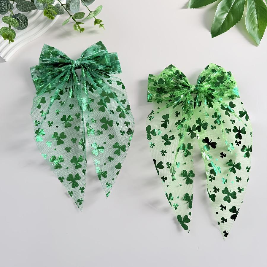 2 Stück Elegante Süße Kleeblatt-Druck Netzschleife Federklemme Haarspangen | Stoff-Fliege-Design, Ideal für Fotografie, St. Patrick's Day