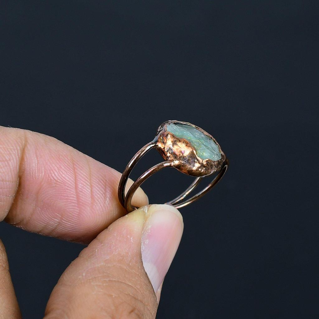 Amazonite Handmade Gemstone Ring, Copper Electroformed Ring Antique Jewelry, Adjustable Ring Engagement Gift