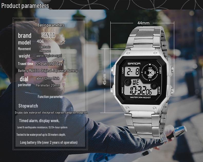 Sanda Men's Waterproof Multifunctional Digital Watch - Small Square, Steel Band