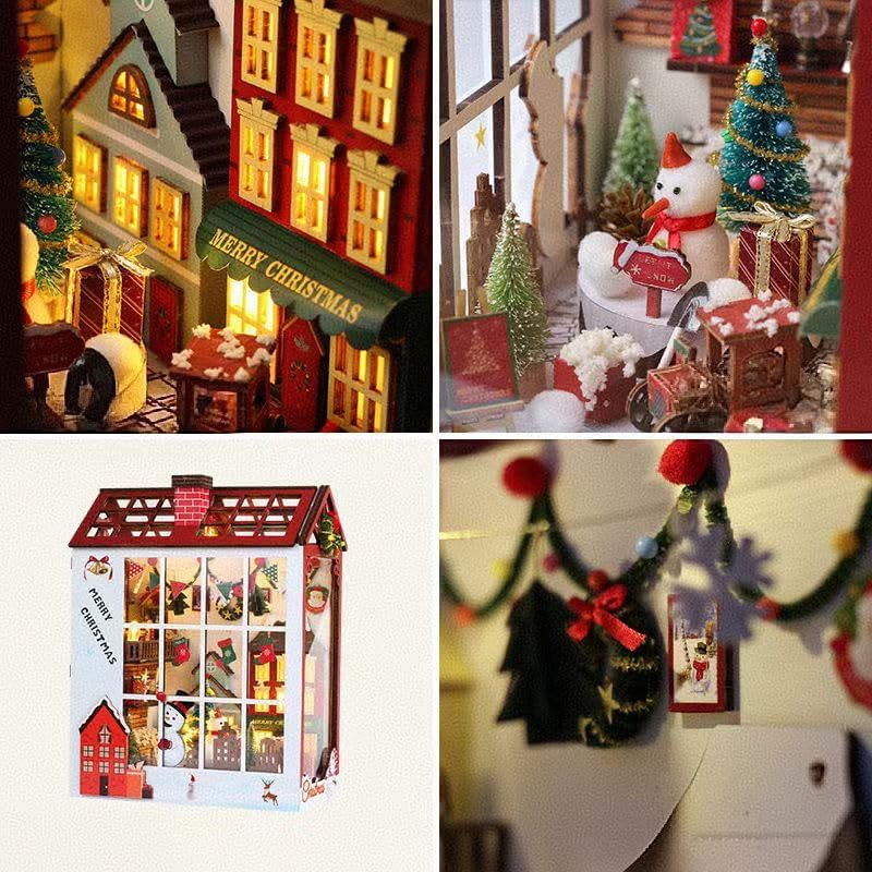 Miniature Dollhouse Christmas Wooden Puzzle Miniature House Kit with Bookshelf Music Box and Sensor Christmas 3D DIY Craft Beginner Adult Birthday