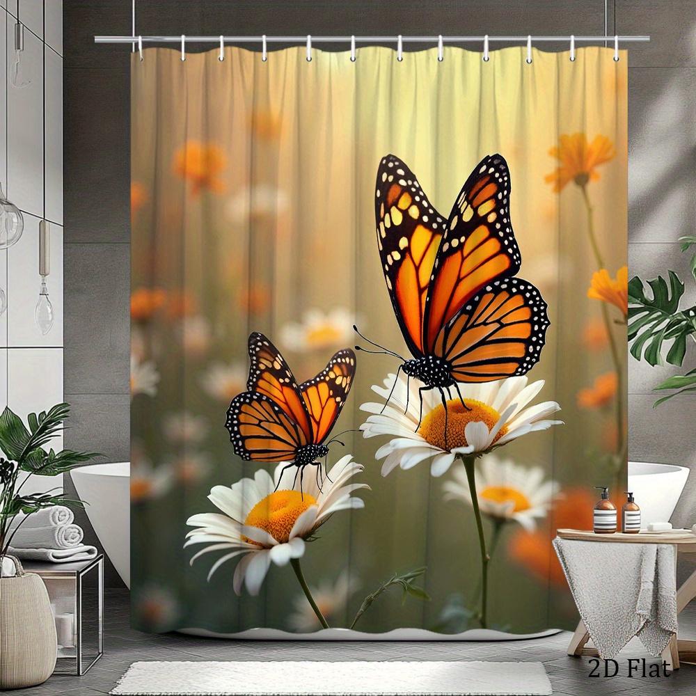 Butterfly Shower Curtain Monarch Butterflies On Daisy Flowers Nature Art Garden Decor Waterproof Fabric Bath Curtain Set Home