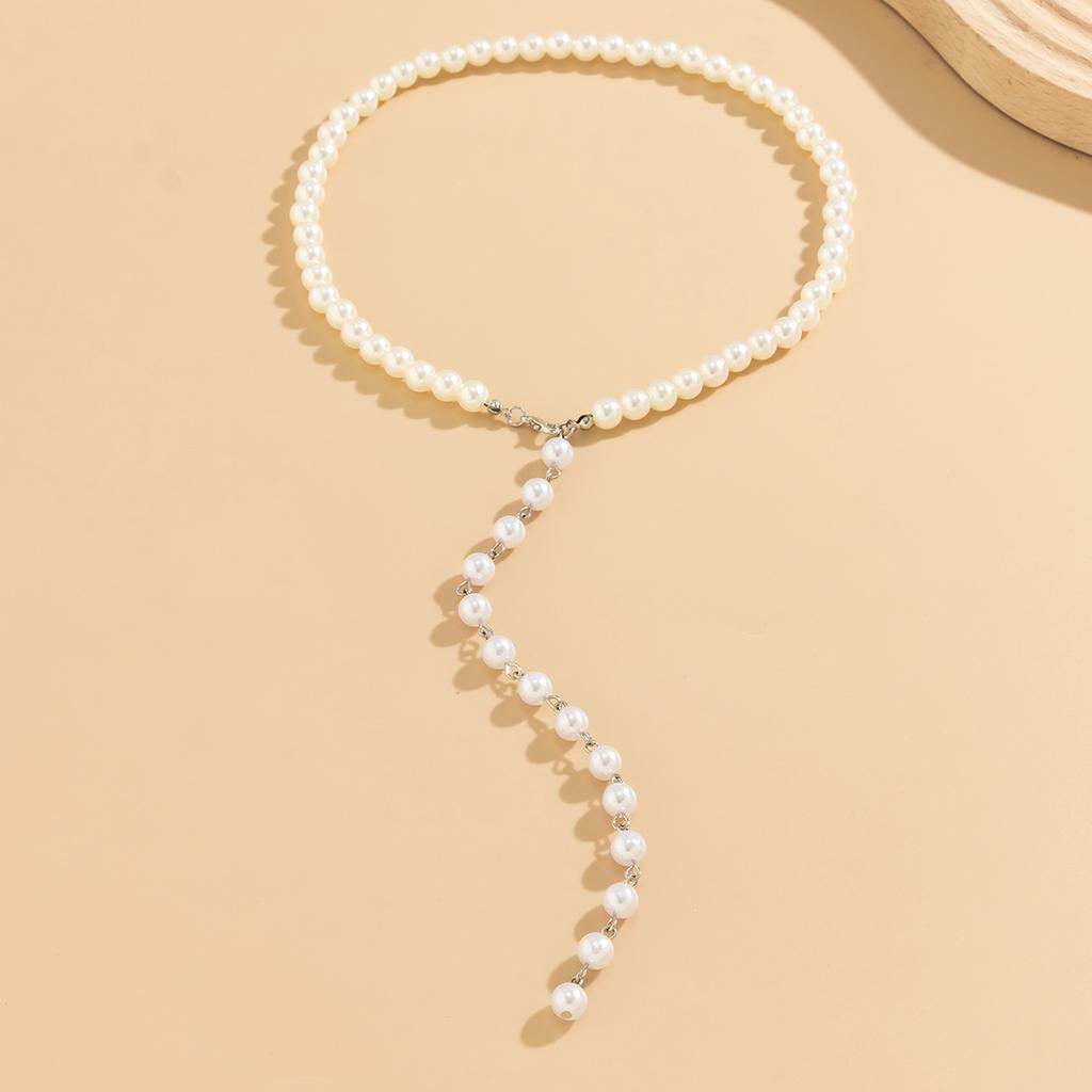 Vintage Round Bead Chain Beaded Necklace Simple Imitation Pearl Tassel Long Niche Necklace
