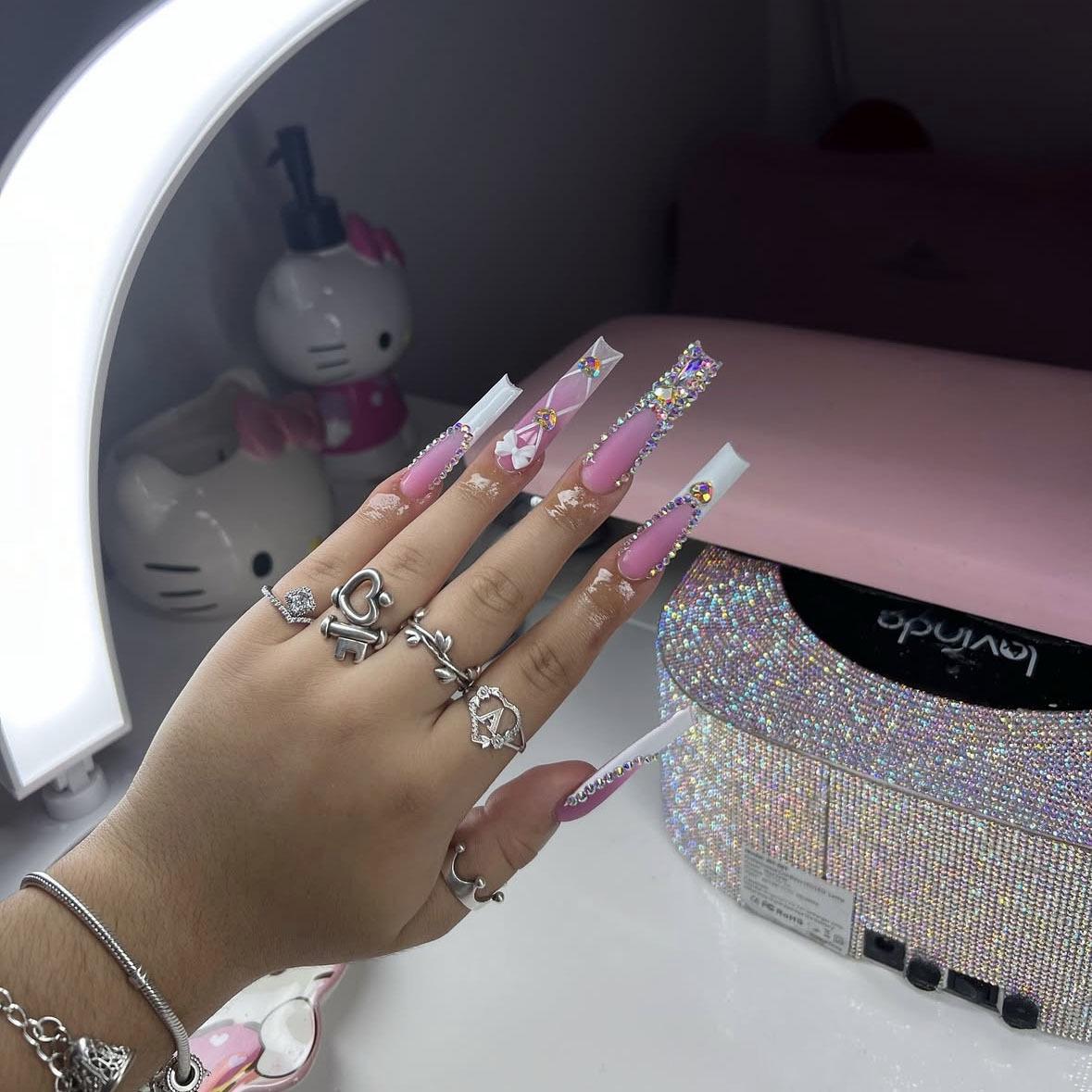 

Pink Rhinestone Bow False Nail Set - 24 Long Wearable Pieces