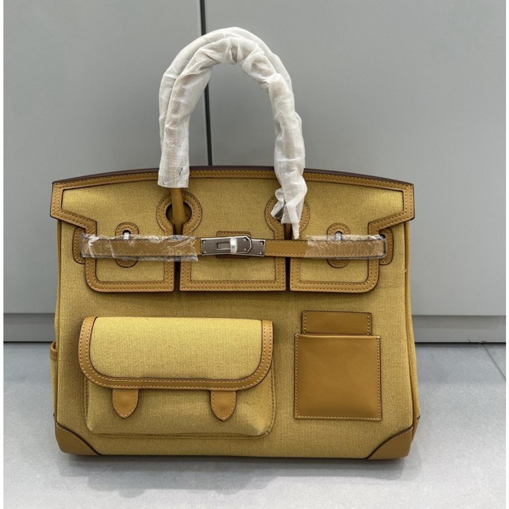 2026 neue Leder-Damenhandtasche Swift-Leder mit Canvas 35CM Platin-Tasche Cargotasche tragbare Schulter-Damenhandtasche