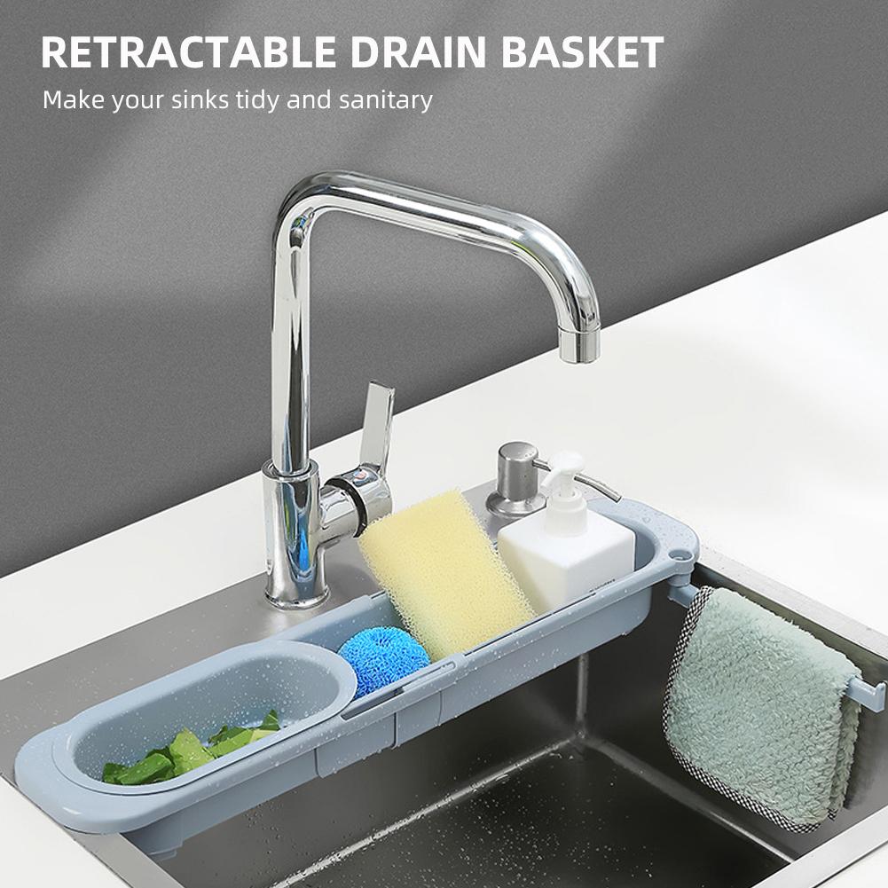 Multifunctional Partition Kitchen Retractable Sink Drain Basket Dish Rack Sink Filter Water Basket Fruit Vegetable Tableware Dish Sponge Drain Basket