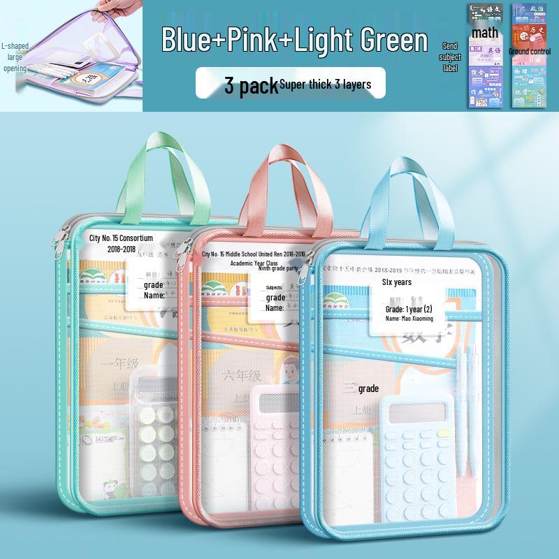 Transparent L-Shaped Mesh Zip Bag for Elementary Students