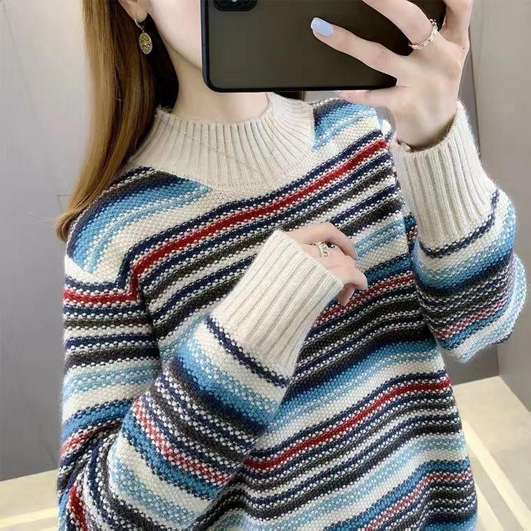 Half Turtleneck Sweater Women's Autumn and Winter Retro Pullover Versatile Long-sleeved Loose Striped Knitwear