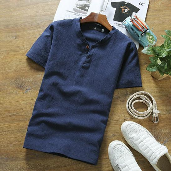Men's Summer Cotton Linen V-neck T-shirt and Pants Two-piece Set - Plus Size