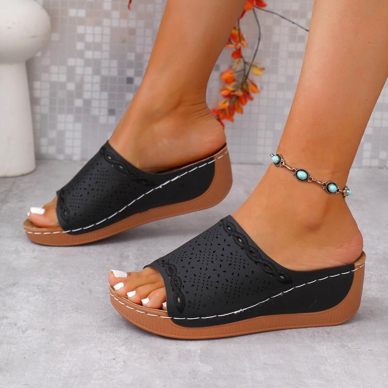 New Large Size Round Toe Retro Solid Slippers Cutout Women's Shoes