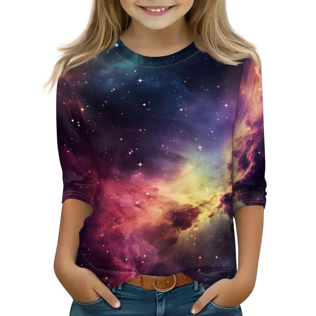 Bedruckte Oberteile für junge Mädchen von 5–16 Jahren, Rundhalsausschnitt, 3/4-Ärmel, T-Shirts, trendige Oberteile, Outfit-T-Shirts