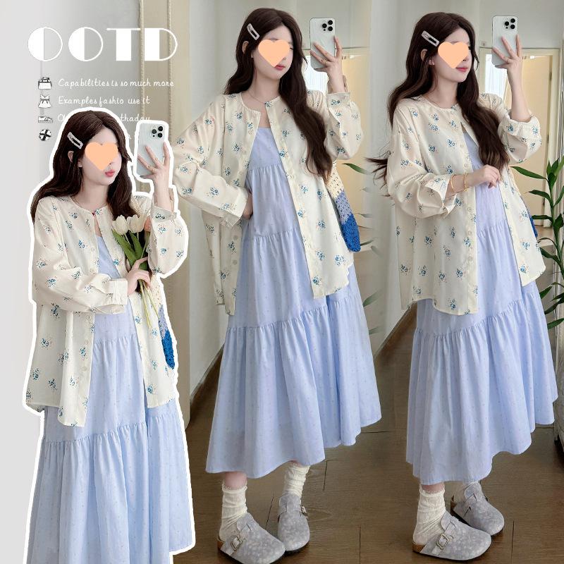 2026 Maternity Spring/Summer Floral Cake Strap Dress & Shirt Two-Piece Set 2XL