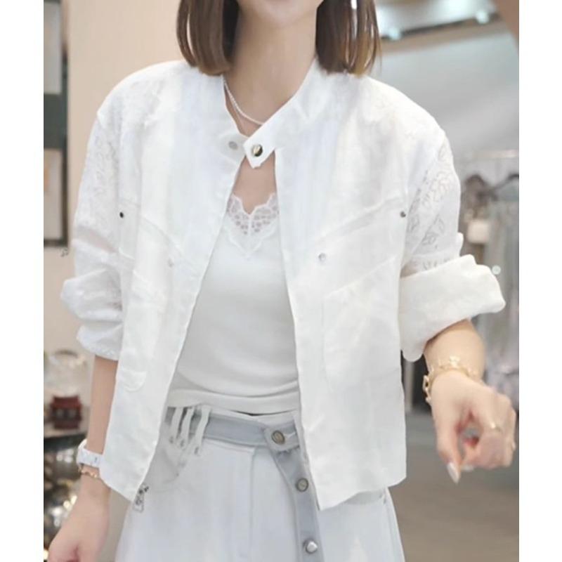 Women Jacquard Short Sleeve Blouse Stand Collar Loose Casual Shirt Summer S белый