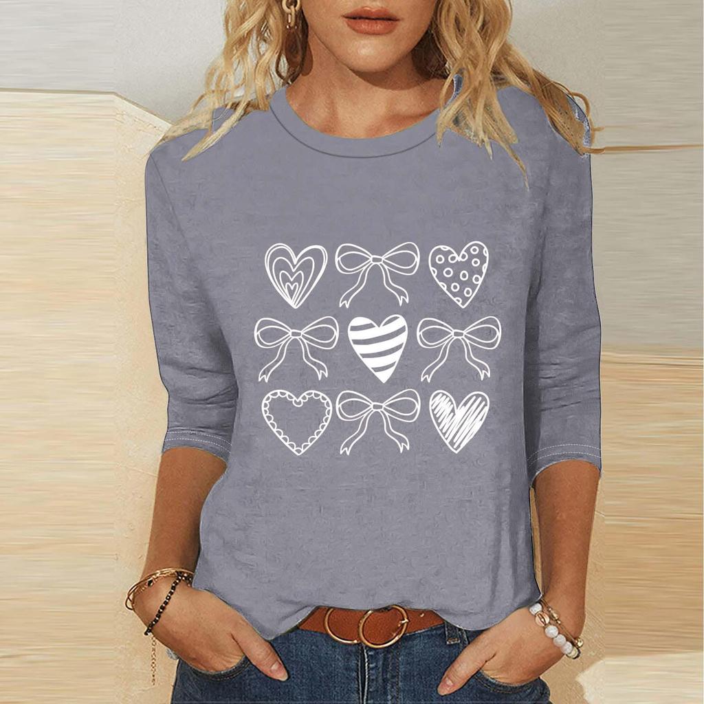 Women's Fashion Casual Three-quarter Sleeve Valentine's Day Printed Round Neck Top
