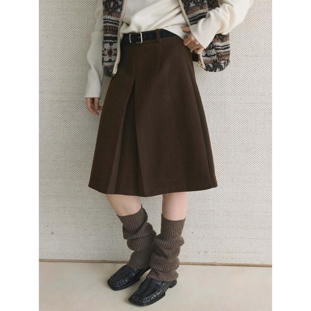 Xu Man Retro Korean Pleated Wool Midi Skirt for Women