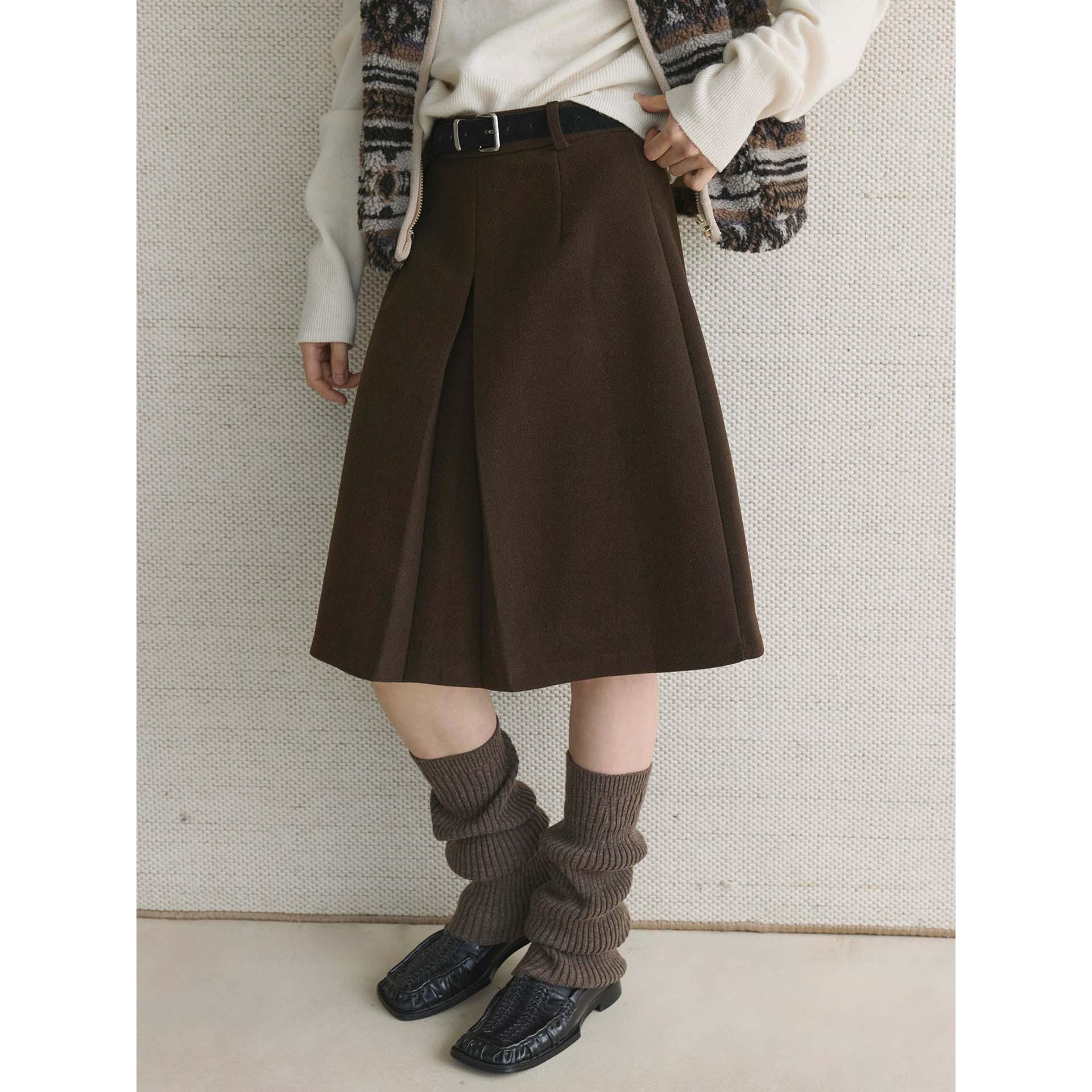 Louvre Winter Korean Retro Pleated Wool A-line Midi Skirt Large