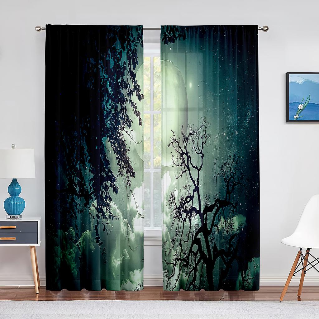 Night Sky Full Moon and Foggy Clouds with Sea Ocean Tulle Curtains for Living Room Bedroom Sheer Voile Kitchen Window Curtain