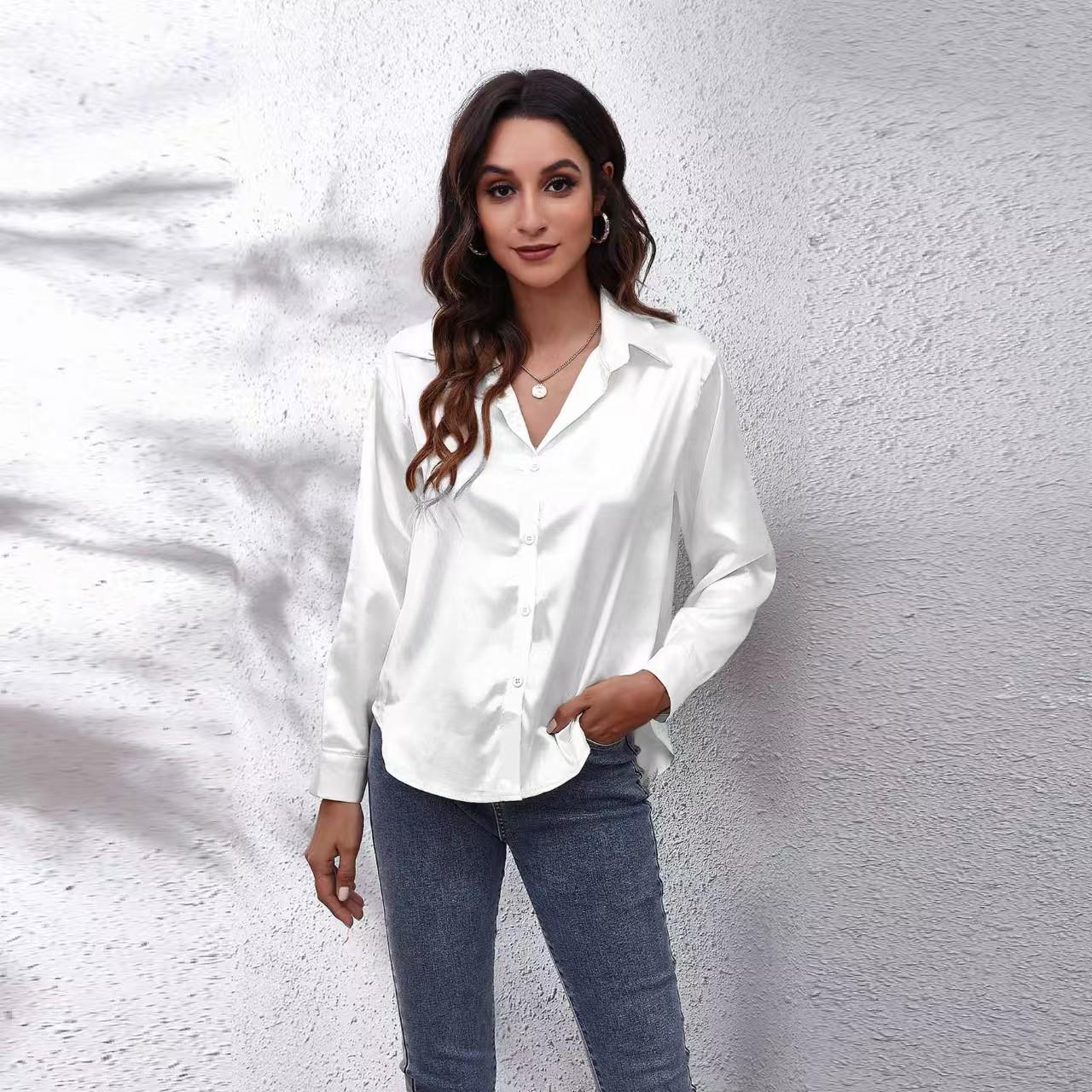 

Women s European-Style Silk-Like Satin Long Sleeve Shirt Small белый