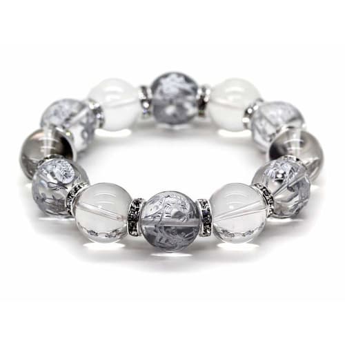 Ishiki Natural Quartz Crystal 16mm Silver Carved Four Divine Beasts Quartz Crystal 16mm Prayer Bead Bracelet for Money, Career, and Wealth (b329)