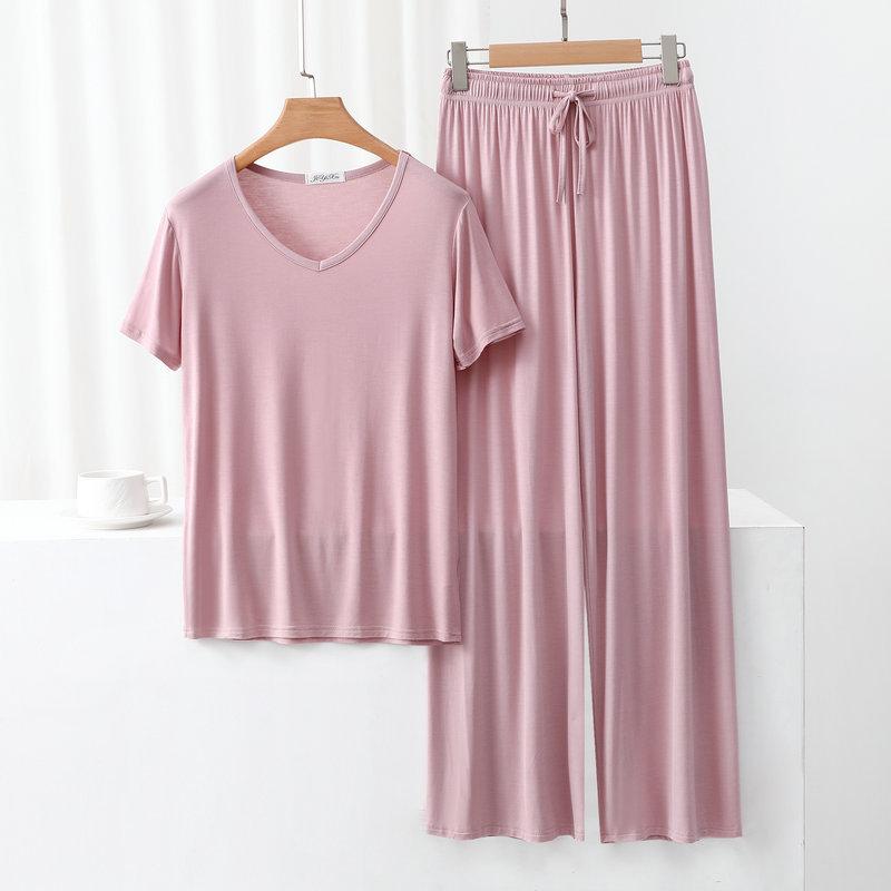 Modal Homewear 2pcs Pajamas Set Short Sleeve Tops and Trousers Solid Color Casual Loose Sleepwear Suit Plus Size Nightwear
