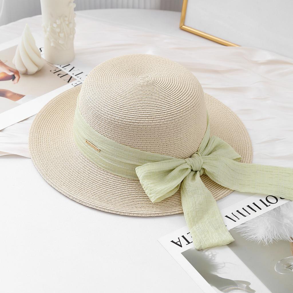 Korean-Style Sweet Bow-Knot Ribbon Flat-Top Wide-Brimmed Beach Hat Face-Slimming Everyday Wear Women's Sun Hat