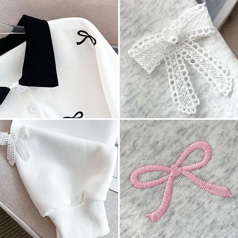 Girls' Autumn Sweatshirt with Bow Collar and Embroidery - Fashionable Academy Style Color Block Top