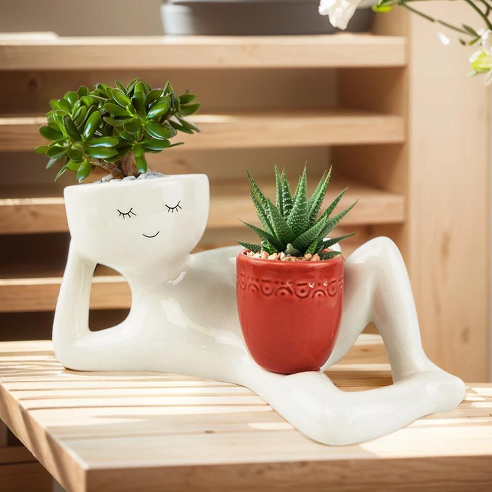 Face Flower Pot Planter Figure Art Statue Ornament Home Human Resin Decorative Potted with Drainage Hole Succulents Vase