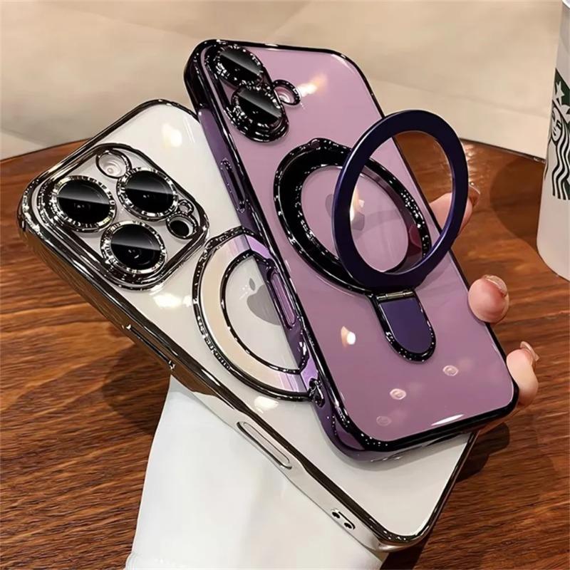 Luxury For Magsafe Bracket Case For iPhone 17 16 15 14 13 12 11 Pro Max Plus 17 Air Magnetic Ring Stand Holder Clear TPU Cover