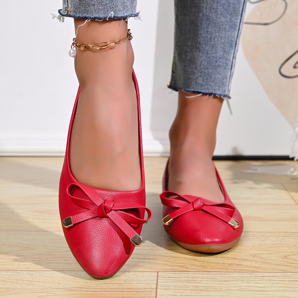 Scarpe Basse in Pelle con Fiocco Singolo, Bocca Stretta, Suola Spessa Morbida, Lati Morbidi, Tacco Basso Comodo