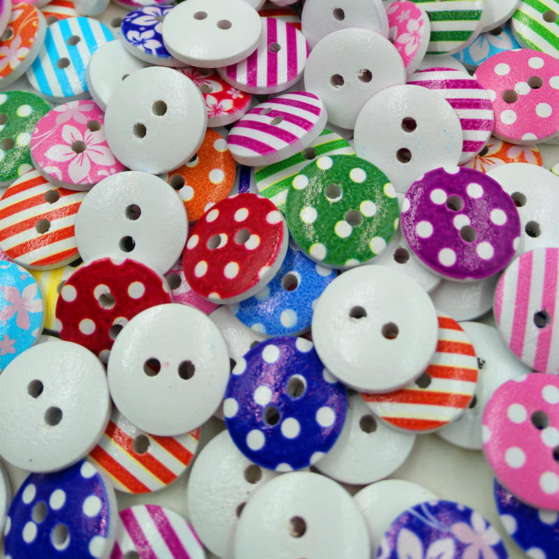 100pcs 15mm Mixed Round Pattern 2 Holes Wood Buttons Sewing Scrapbooking New