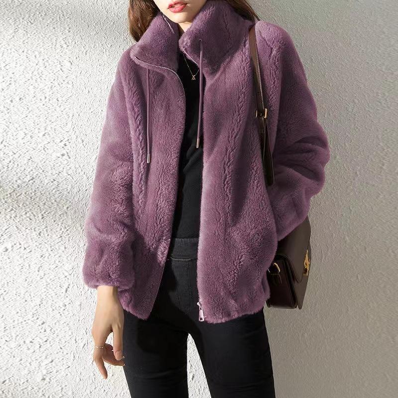 Autumn and winter large size fleece thickened short jacket double-sided fleece stand-up collar fleece solid color sweater women's tide