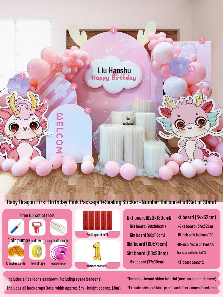 Dragon Baby Balloons & KT Board Backdrop for Girl's First Birthday Party