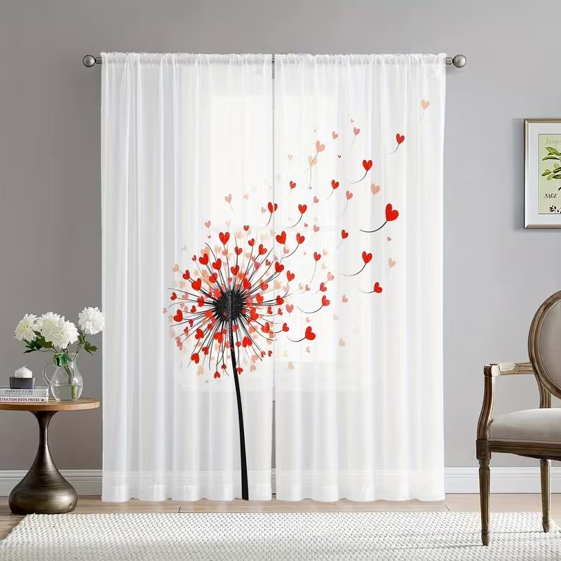 

2PC Heart Dandelion Sheer Curtains Romantic Red Print Light Filtering Drapes Valentine Sweet Home Decor for Bedroom Living Room 24x59in(60x150CM)x2&Rod Pocket