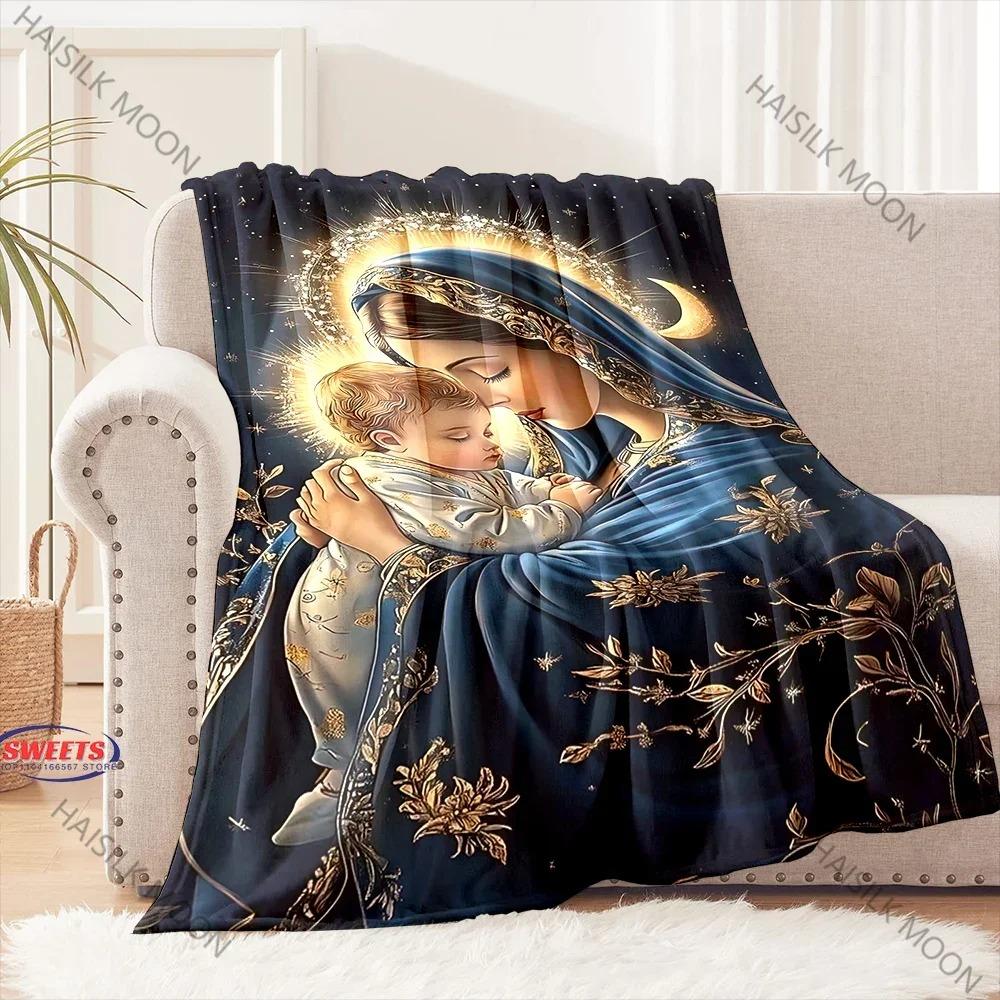 3D Panna Maria Modlící se Křesťanský Bůh Flanelová Umělecká Deka Přehoz na Pohovku Postel Kancelář Čtyři Roční Období Měkká Nadýchaná Prošívaná Deka Flanelový Přehoz