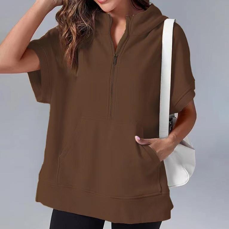 Ανοιξιάτικη Γυναικεία Μονόχρωμη Μόδα Casual Μπλούζα Φούτερ με Κουκούλα και Κοντό Μανίκι
