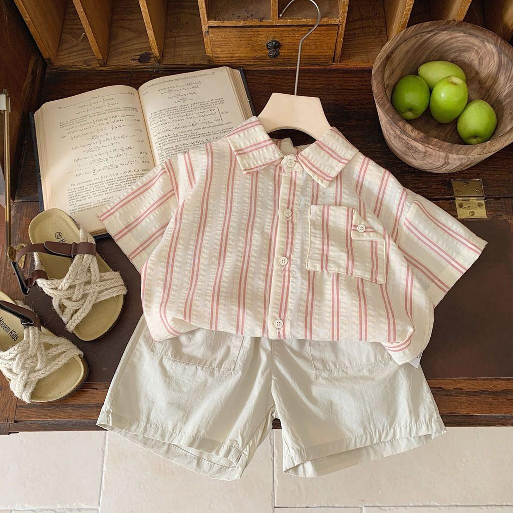 

Trendy Korean Style Two Piece Kids Set Featuring Soft Cotton Short Sleeve Shirt And Shorts For Boys And Girls Ages Three To Eight StyleA