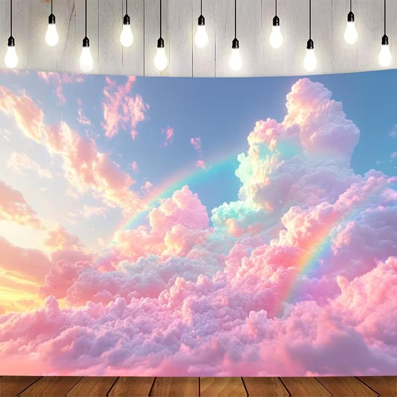 2D Fluffy Pink Cloud Tapestry, Rainbow Pastel Sky Photography Background 47.2x31.5inch/120*80cm